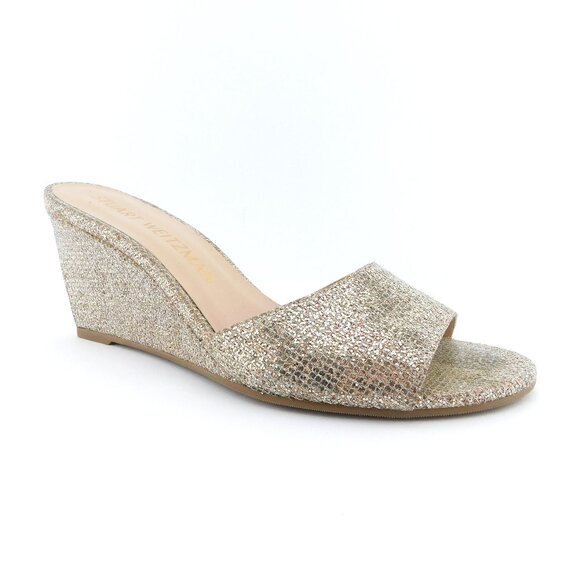 STUART WEITZMAN Gold Glitter Sparkle Open Toe Wedge Slide Heel Sandals 10.5 - Picture 1 of 9